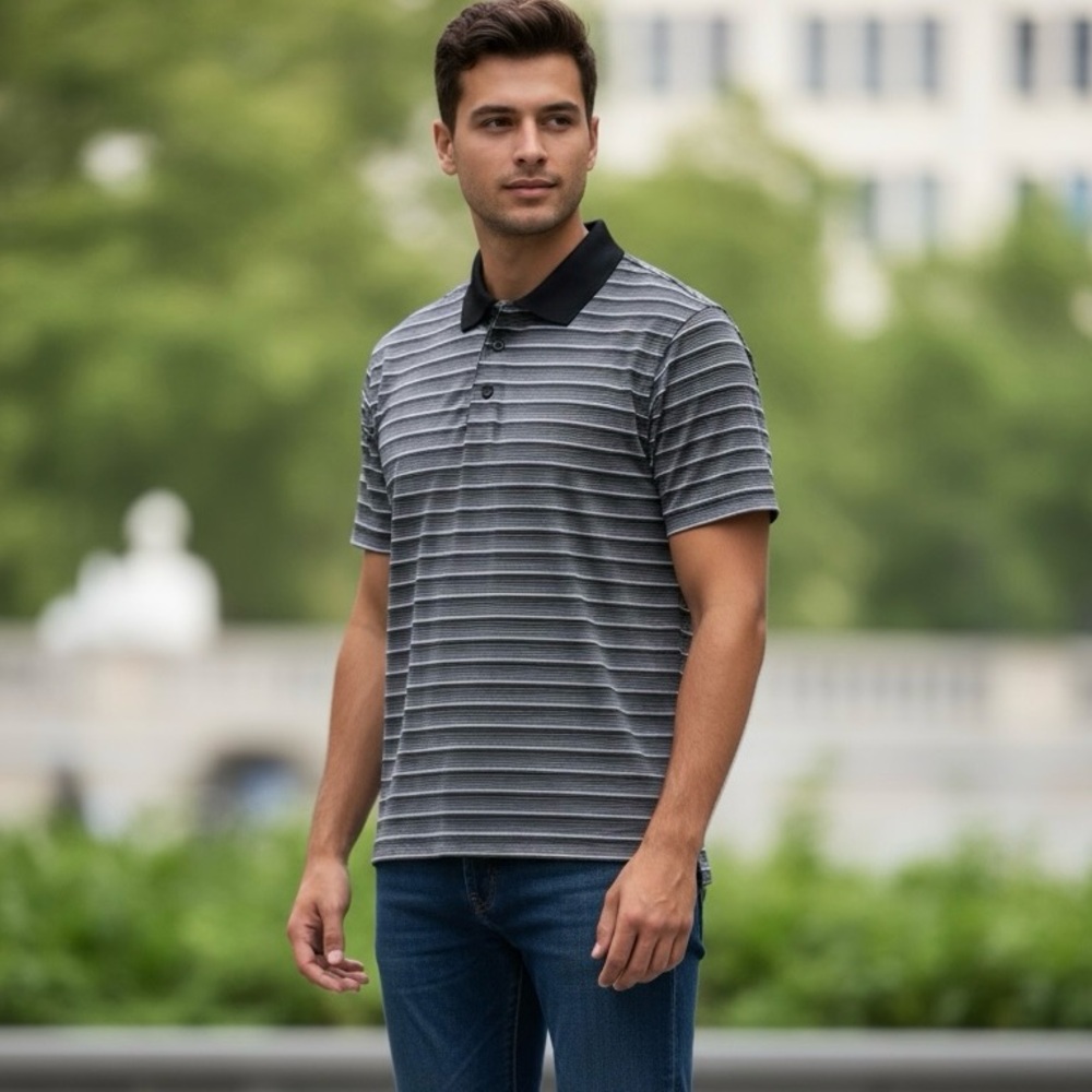 Alfani Black and Grey Slim Fit Performance Striped Polo Shirt, Men's LG